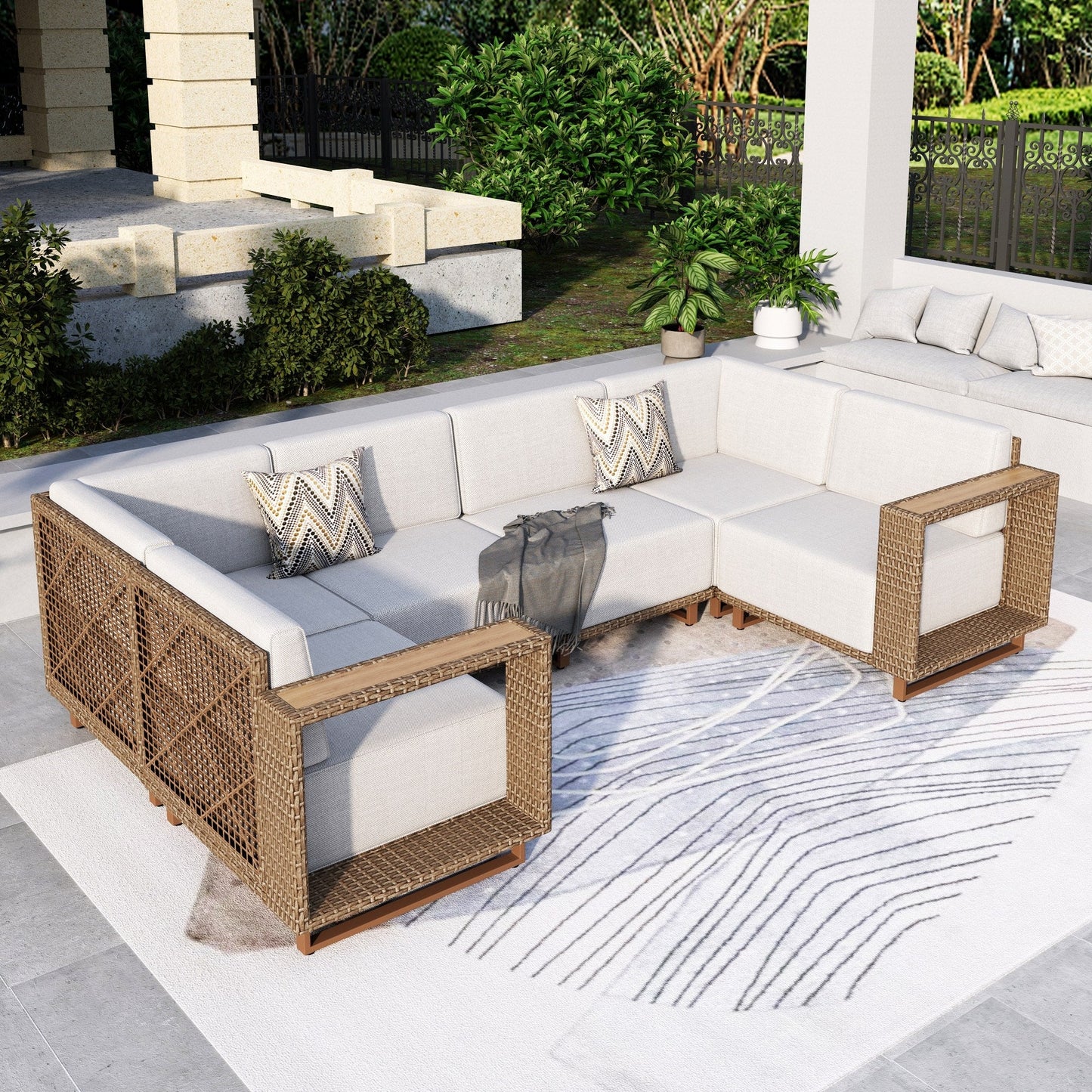 Summit Living 4-Piece Outdoor Conversation Set for 6, Wicker Patio Furniture Set, U Shaped Sectional Sofa for Porch, Beige