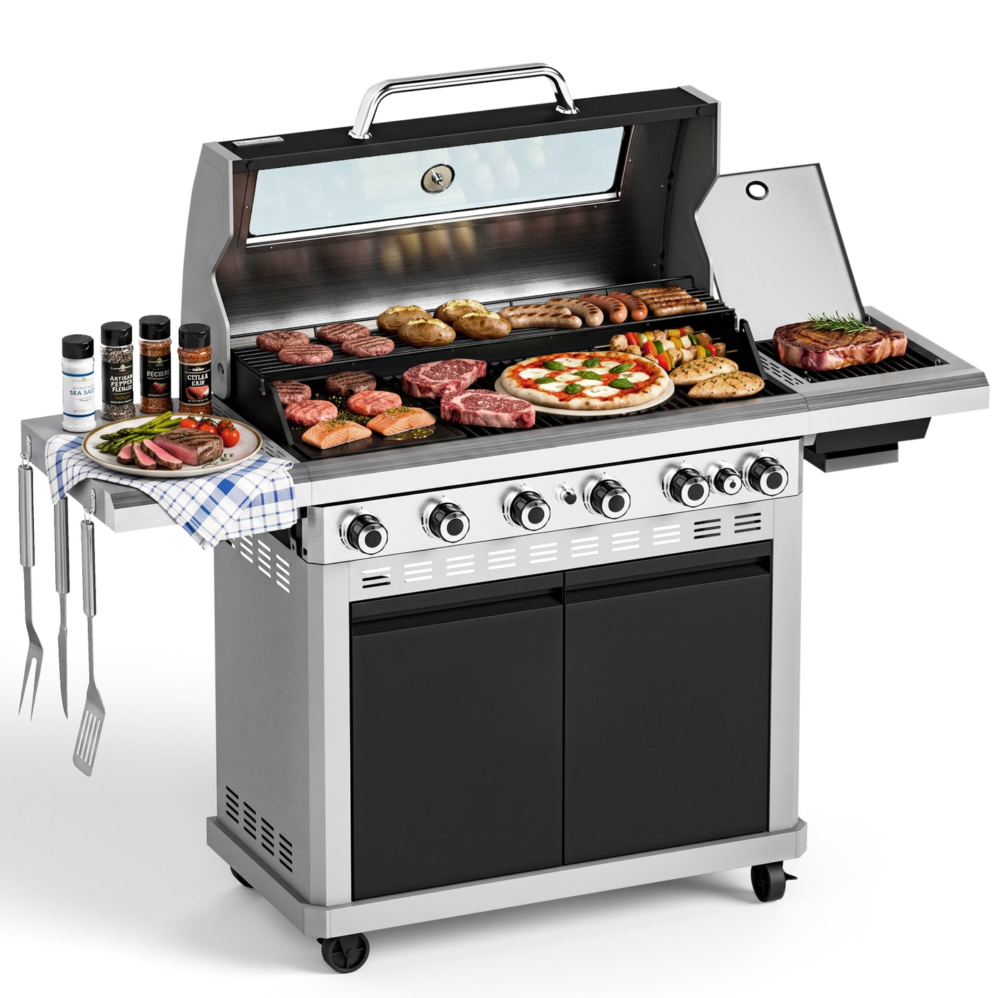 MF Studio 6 Burner Propane Gas Grill with Griddle Zone & 13500 BTU Infrared Side Burner – 840 sq.in Extra Large Cooking Area Outdoor BBQ Grill - Black