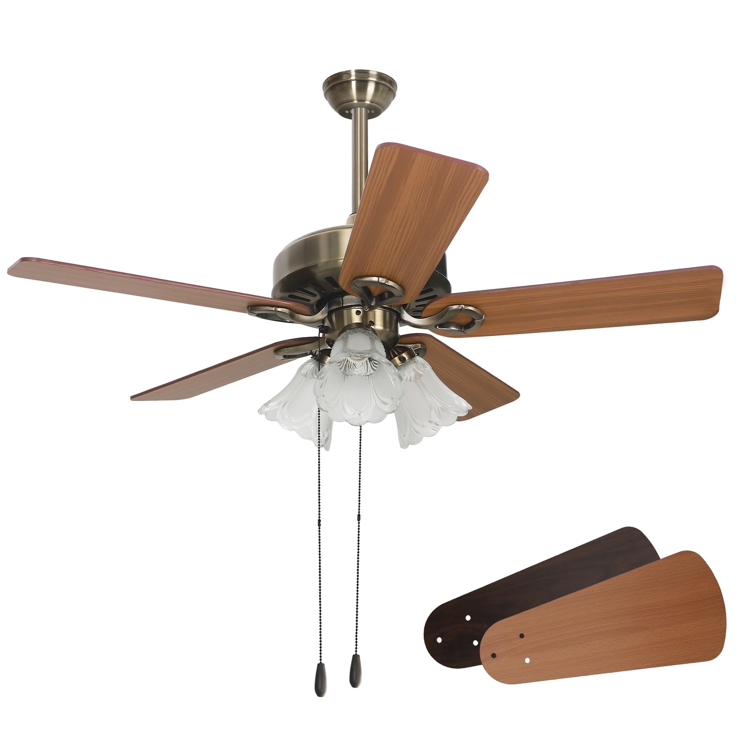 Summit Living 42" Ceiling Fan with Light, Pull Chain Control, 5 Reversible Blades, 6 Speeds, Medium Oak & Walnut Color