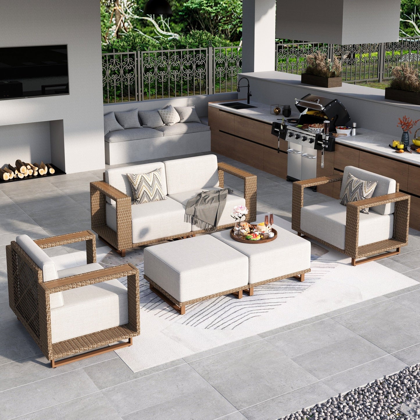 Summit Living 5-Piece Patio Furniture Set, Wicker Outdoor Conversation Set with 2 Ottomans & Thick Cushions, Beige