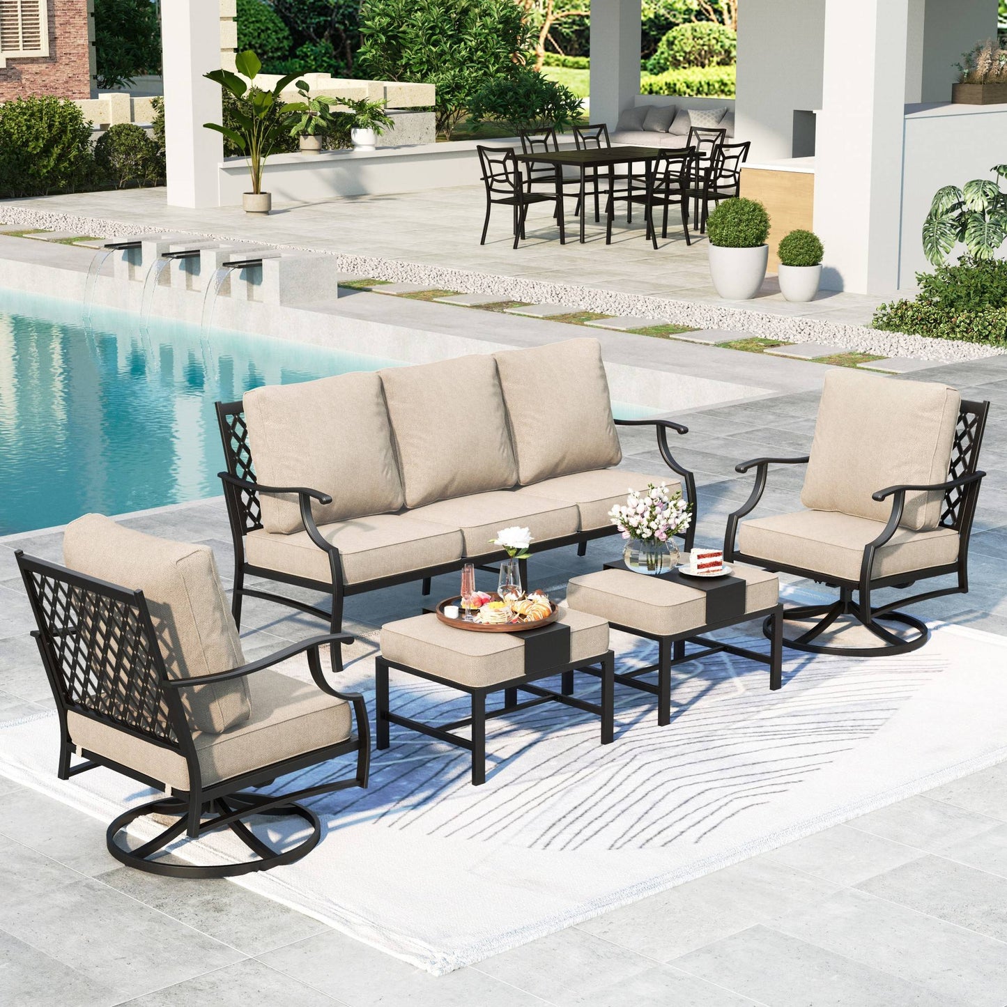 Summit Living 7-Seater Patio Conversation Set Metal Outdoor Furniture Set with Swivel Chairs and Ottomans - Beige