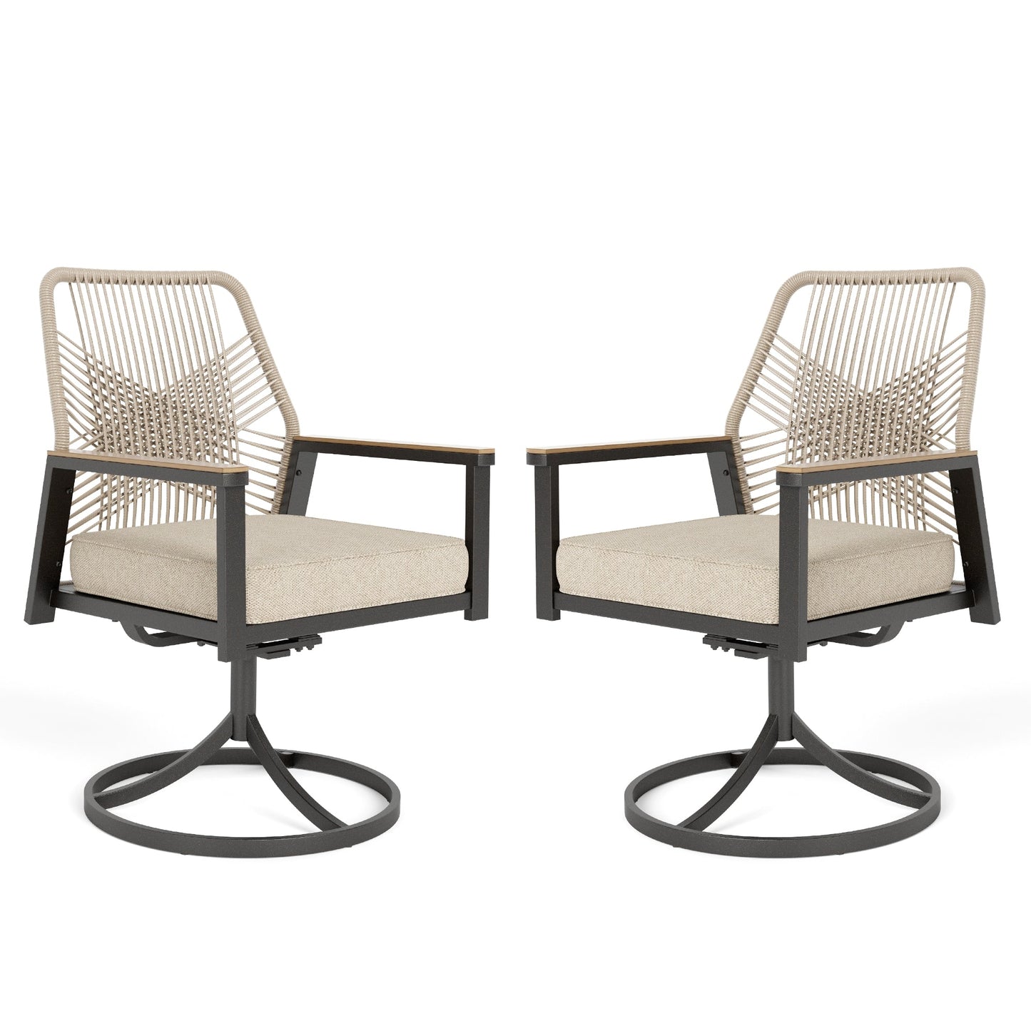 MF Studio Patio Dining Chairs Set of 2 , Outdoor Swivel All-Weather Rattan Rope Chairs with Cushions and Wood-Grain Armrests, Black and Beige