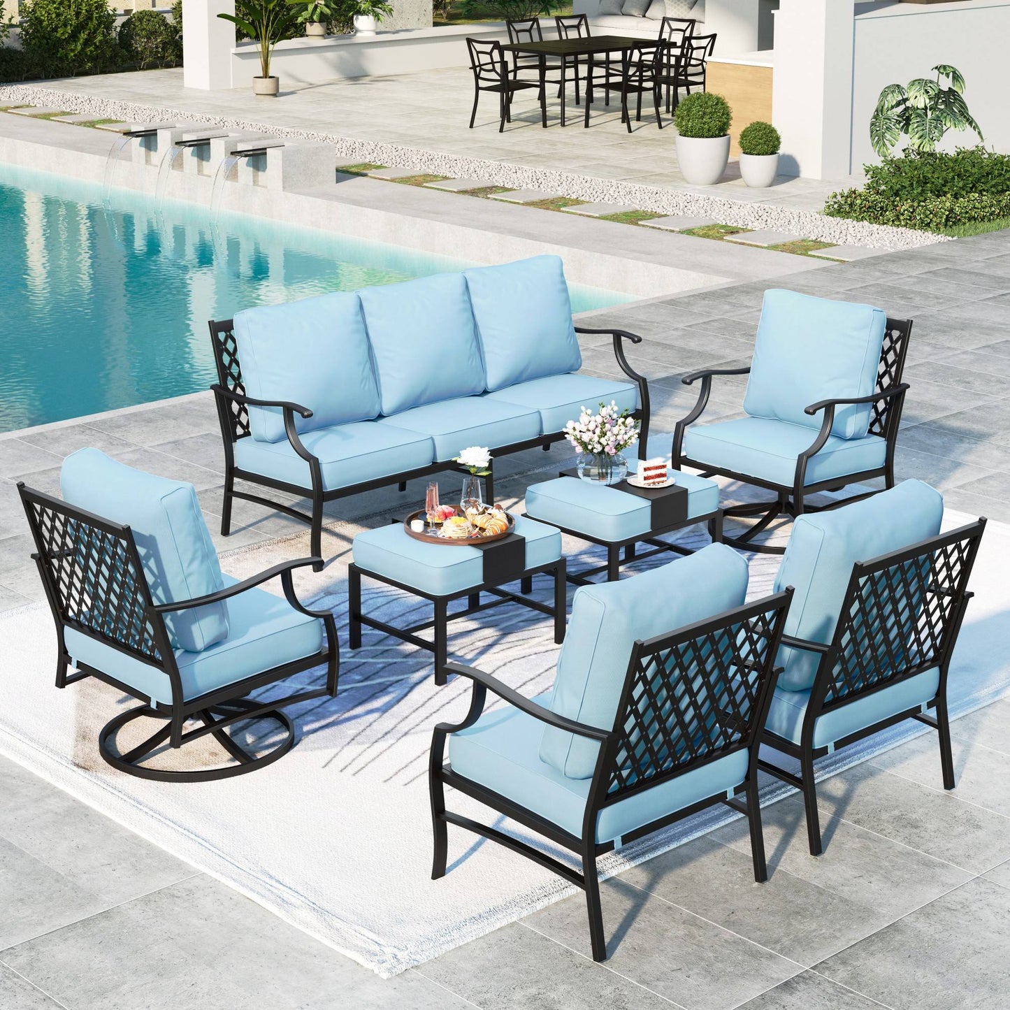 Summit Living 9-Seater Patio Conversation Set Metal Outdoor Furniture Set with Swivel Chairs and Ottomans - Blue