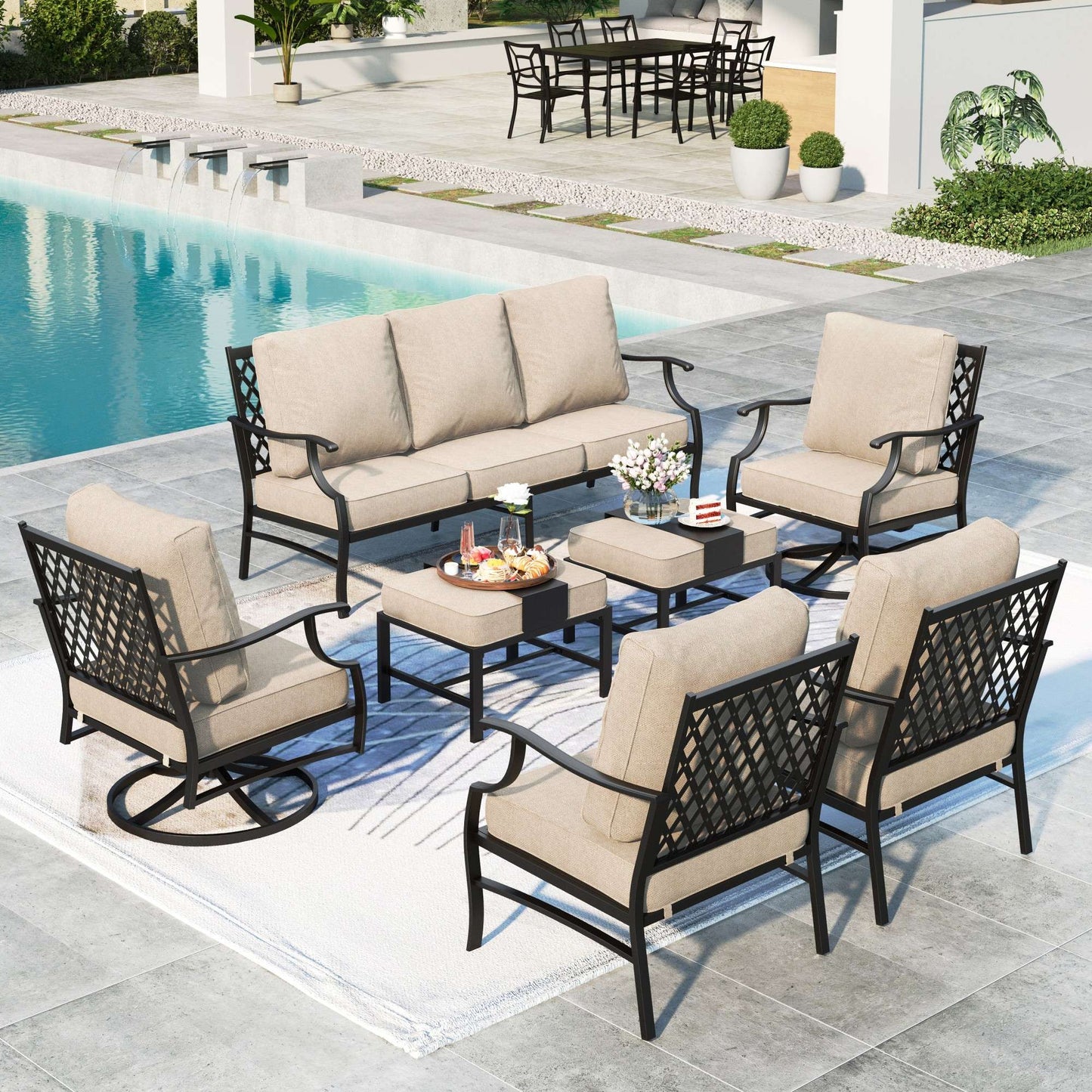 MF Studio 9-Seater Patio Conversation Set Metal Outdoor Furniture Set with Swivel Chairs and Ottomans - Beige