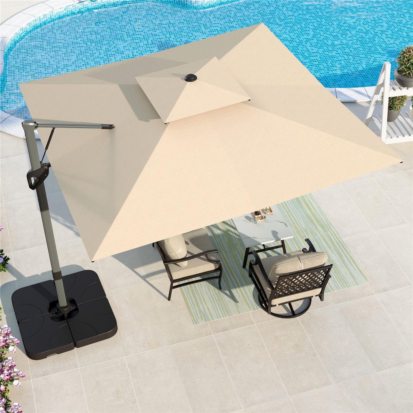 Summit Living 10 x 10 ft Offset Patio Umbrella Large Deck Cantilever Outdoor Umbrella with Base Beige