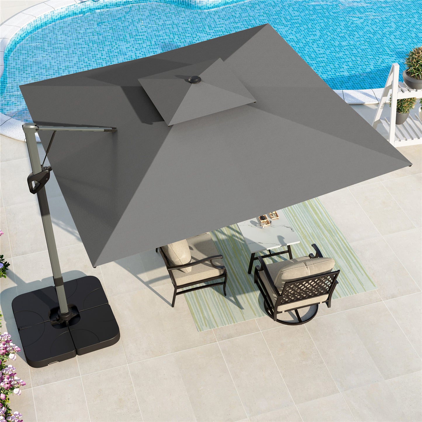 Summit Living 10¡¯ x 10¡¯ Offset Patio Umbrella Large Deck Cantilever Outdoor Umbrella with Base Gray