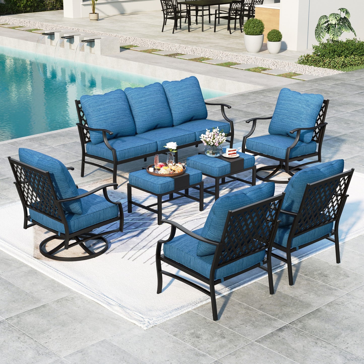 Summit Living 9-Seater Patio Conversation Set Metal Outdoor Furniture Set with Swivel Chairs and Ottomans - Peacock Blue