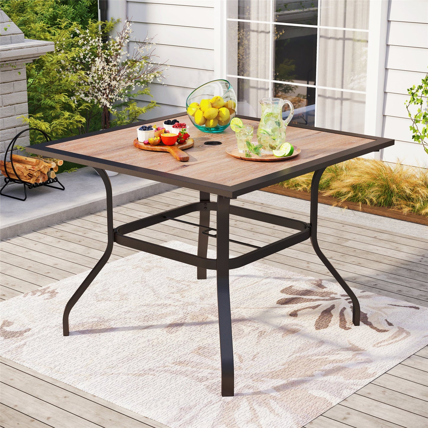 Summit Living Outdoor Dining Table with Faux Wood Top & Umbrella Hole for 4-Person, Black