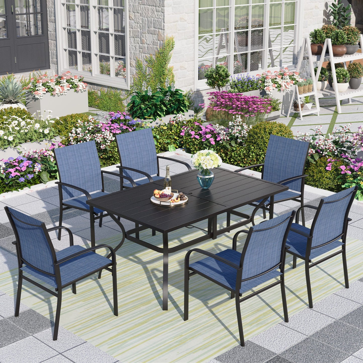 MF Studio 7-Piece Outdoor Dining Set with Rectangle Steel Table&Textilene Chairs for 6-Person, Black&Blue