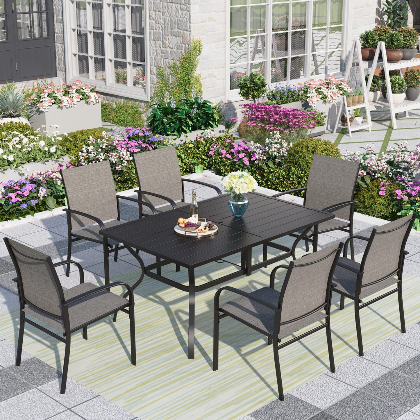 MF Studio 7-Piece Outdoor Dining Set with Rectangle Steel Table&Textilene Chairs for 6-Person, Black&Brown