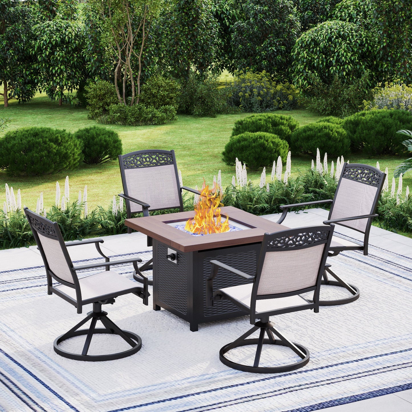 Summit Living 5-Piece Outdoor Patio Gas Fire Pit Set with 1 Piece 50,000 BTU Fire Pit Table&4 Pieces Aluminum Swivel Armchairs,Black&Beige