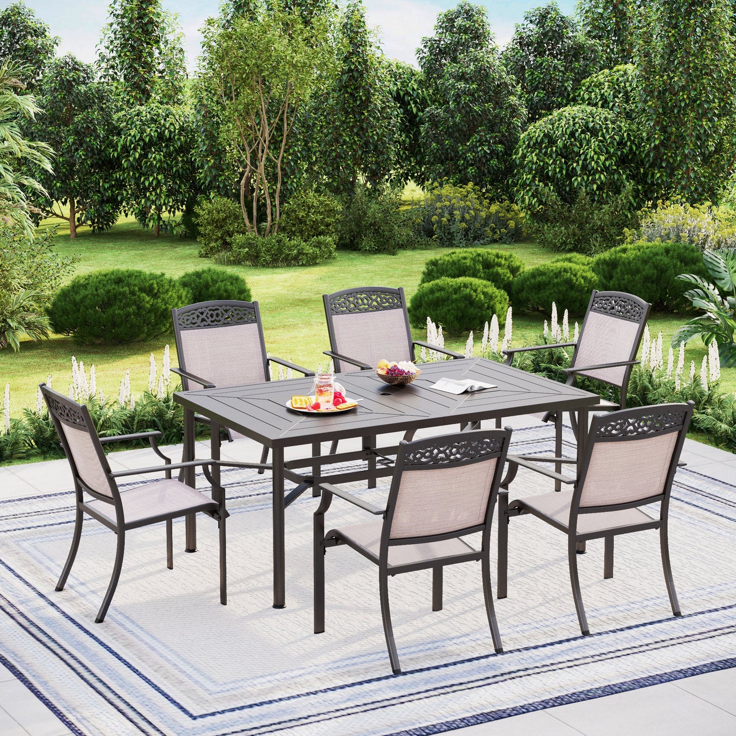 Summit Living 7 Pieces Aluminum Outdoor Patio Dining Set with 6 Aluminum Stackable Chairs and 1 Metal Rectangular Steel Table,Black&Beige