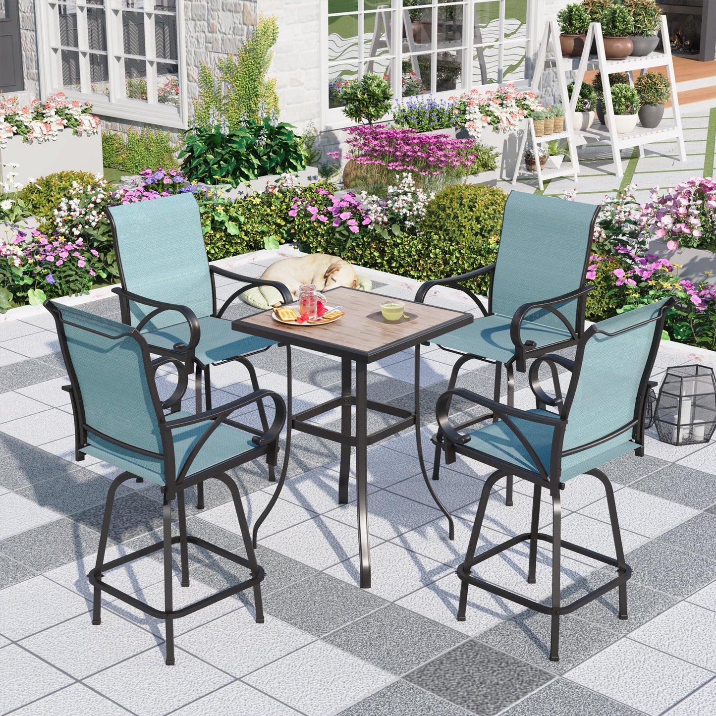 Summit Living 5 Pieces Outdoor Bar Stool Dining Set,Turquoise Blue