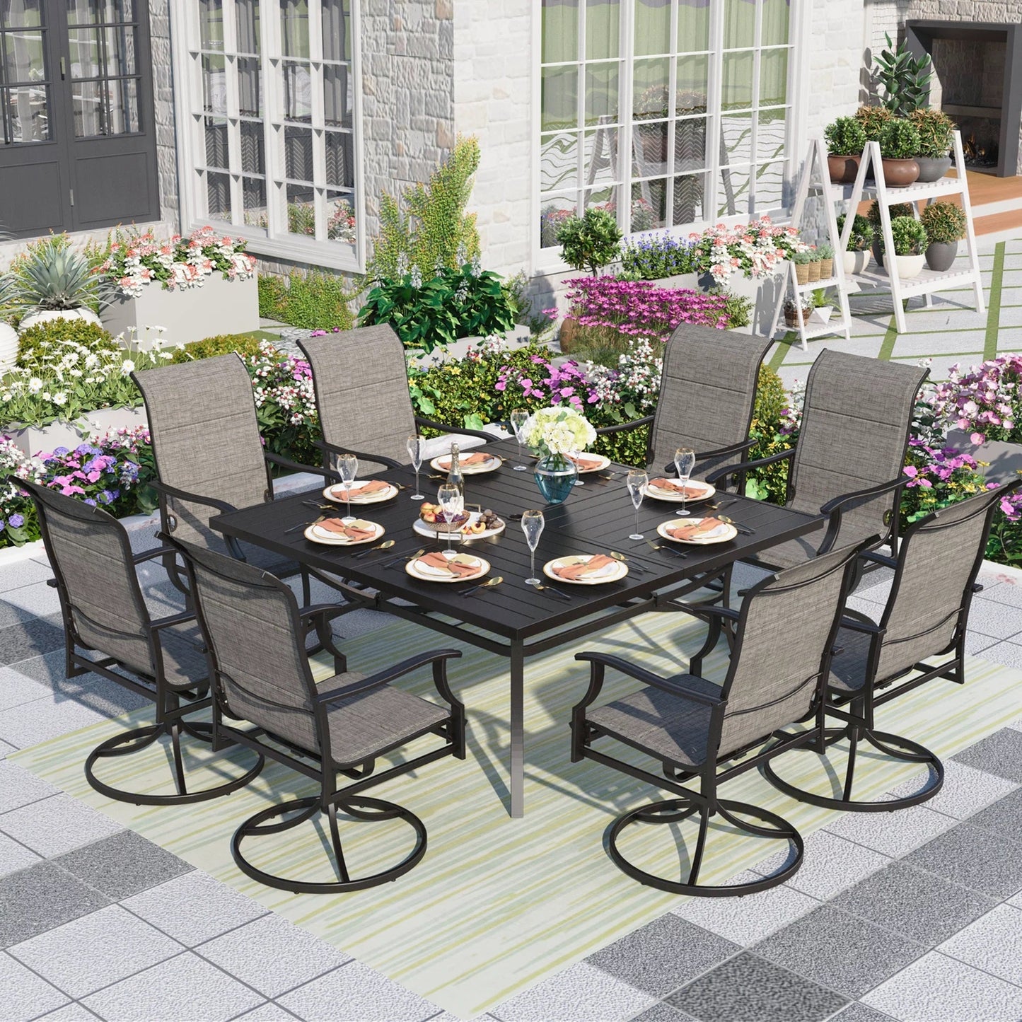 MF Studio 9-Piece Outdoor Dining Set with Large Square Table&High-Back Swivel Chairs for 8-Person, Black&Gray