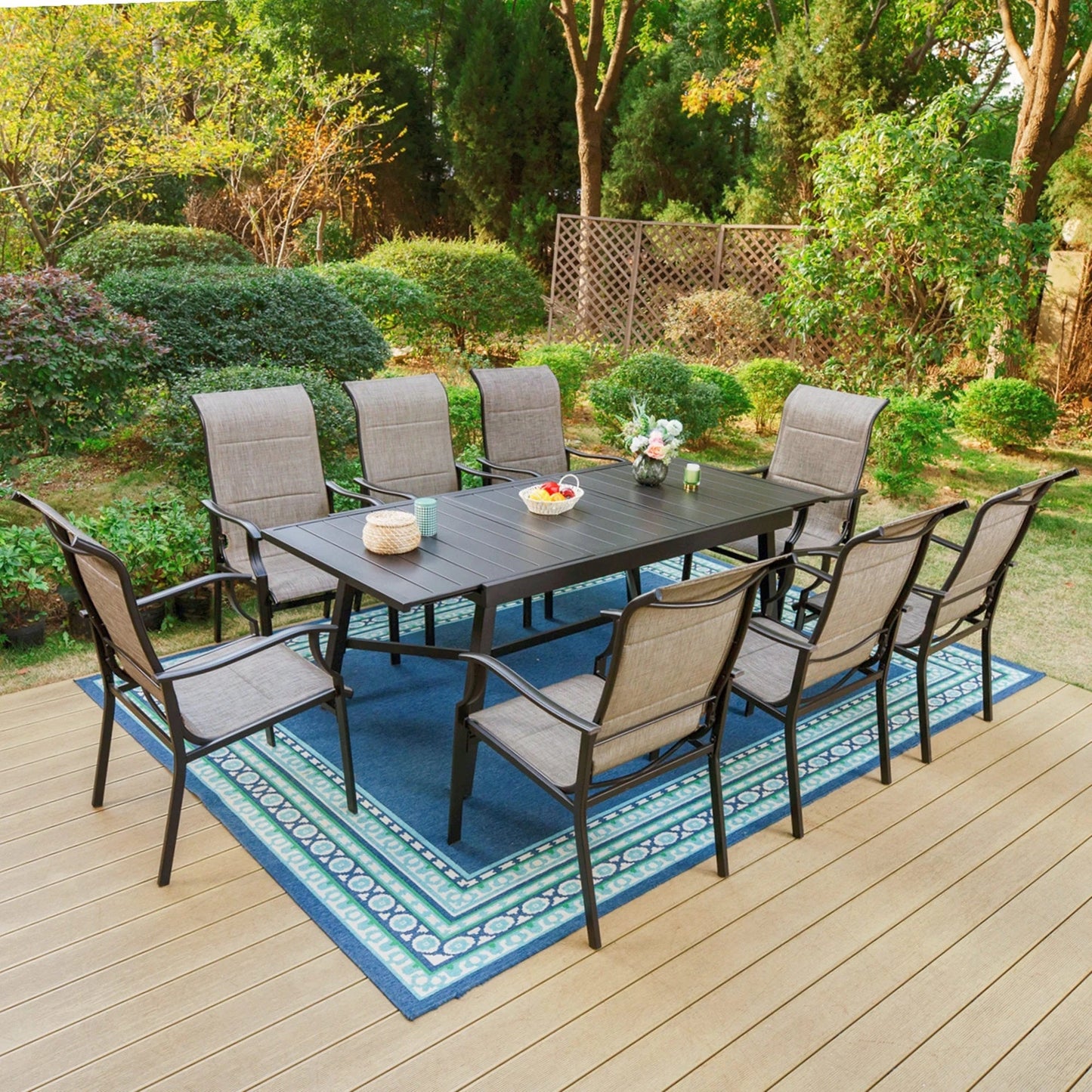 MF Studio 9-Piece Outdoor Patio Dining Set with Large Extendable Table & Textilene Armchairs for 8 Person, Black