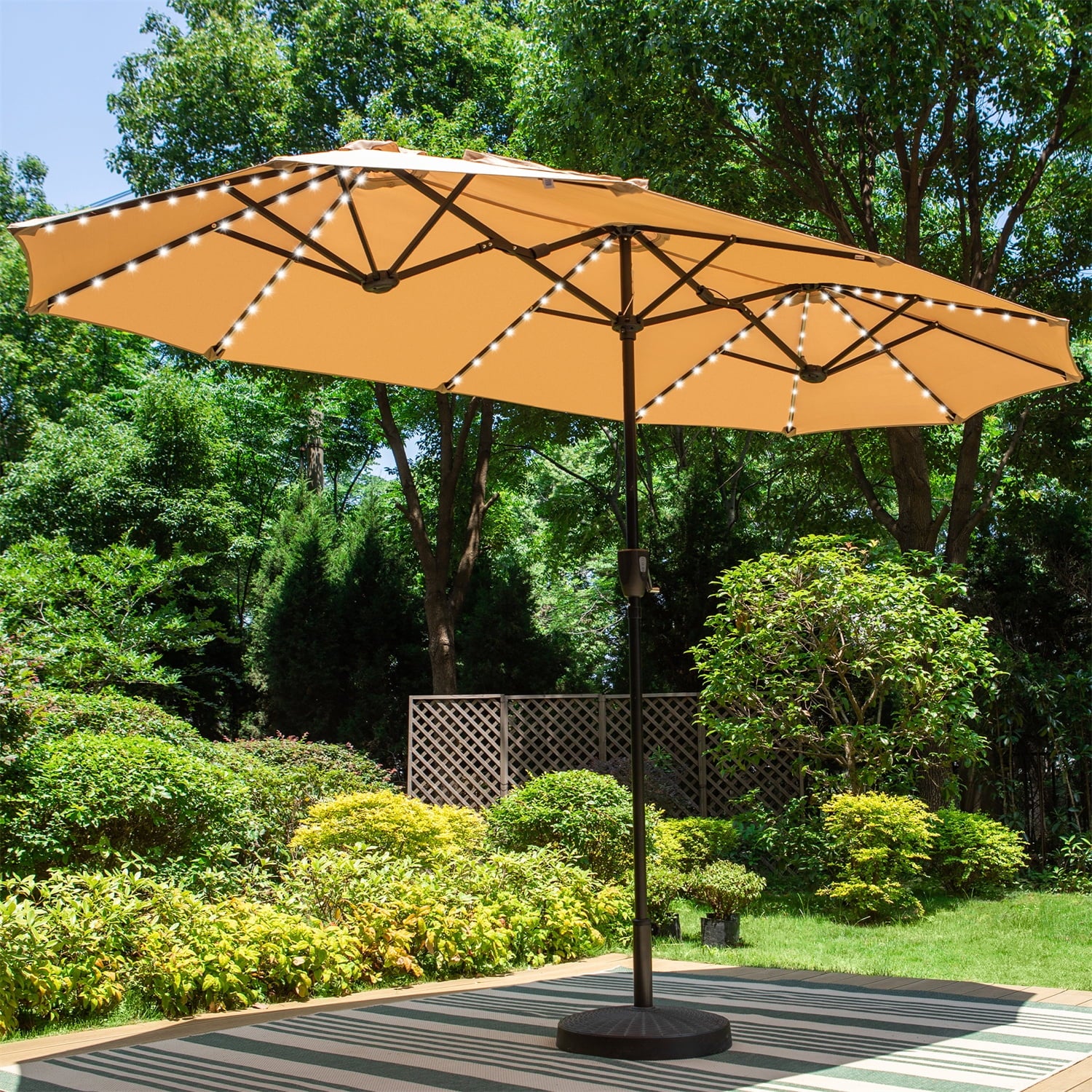 Summit Living 13 ft Patio Umbrella with LED Solar Lights Large Double-Sided Outdoor Table Umbrella Beige Summit Living 13 ft Patio Umbrella with LED Solar Lights Large Double-Sided Outdoor Table Umbrella Beige