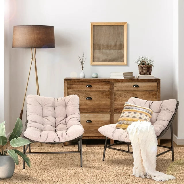 MF Studio Set of 2 Outdoor Patio Rattan Papasan Chair Oversized Scoop Lounge Recliner Moon Chair with Gray Cushion