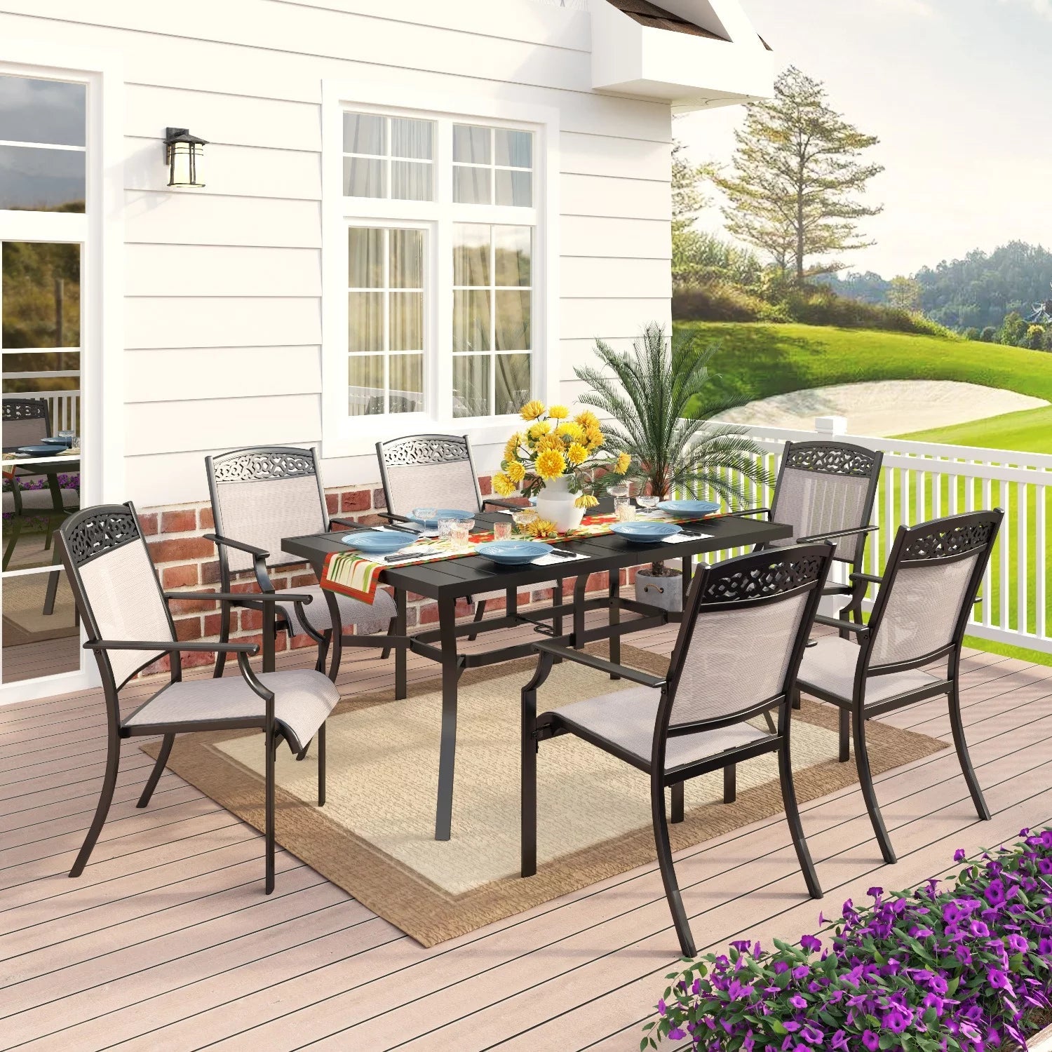 MF Studio Pieces Aluminum Outdoor Patio Dining Set with Cast Aluminum  Sling Stackable Chairs and Metal Rectangular Steel Table,Black&Beige