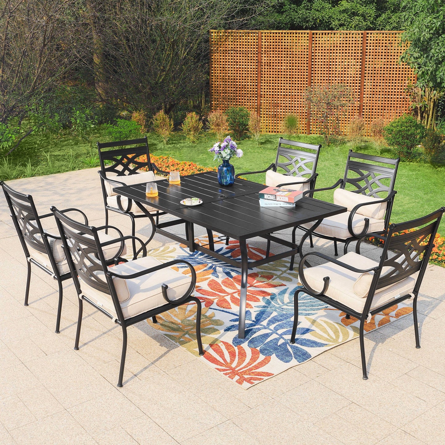 MF Studio 7-Piece Outdoor Dining Set with Cushioned Chairs& Rectangle Table for 6-Person, Black&Beige