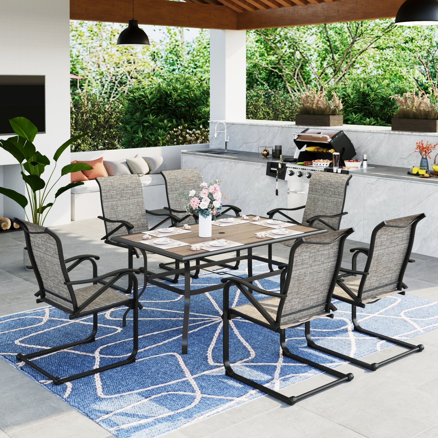 MF Studio 7-Piece Outdoor Patio Dining Set with 6 Rocking Motion C Spring Chairs& 1 Metal Frame Dining Table with PVC Tabletop for 6-Person,Black&Gray