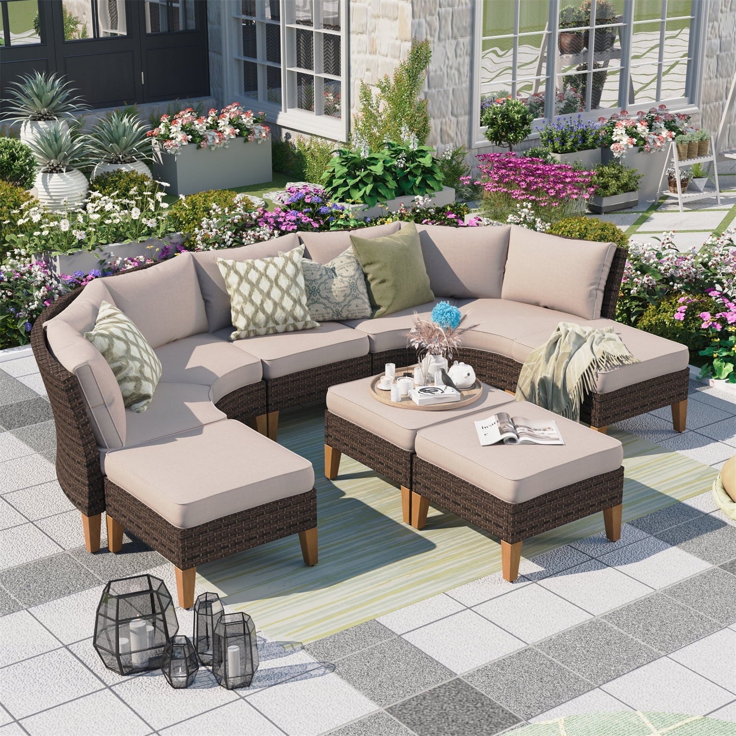 MF Studio Piece Outdoor Patio Conversation Set Outdoor Furniture Set Sectional Sofa with Beige Cushions