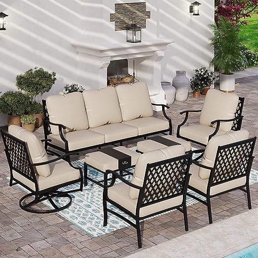 Summit Living 7 PCS Outdoor Conversation Set, Metal Patio Furniture Sofa Set for 9 Person with Beige Cushions