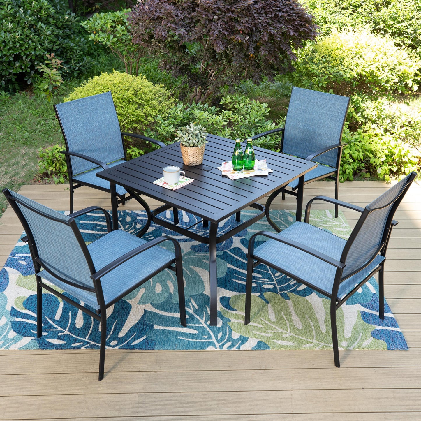 MF Studio 5-Piece Outdoor Dining Set with Square Table & Textilene Chairs for 4-Person, Black & Blue