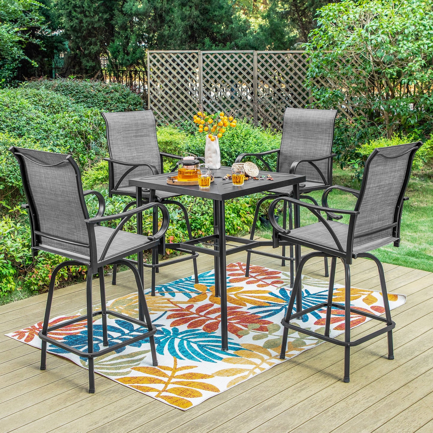 Summit Living 5 Pieces Outdoor Swivel Bar Stool Dining with 4 Patio High-back Swivel Chairs with Armrest&1 Bistro Bar Table, Black&Grey