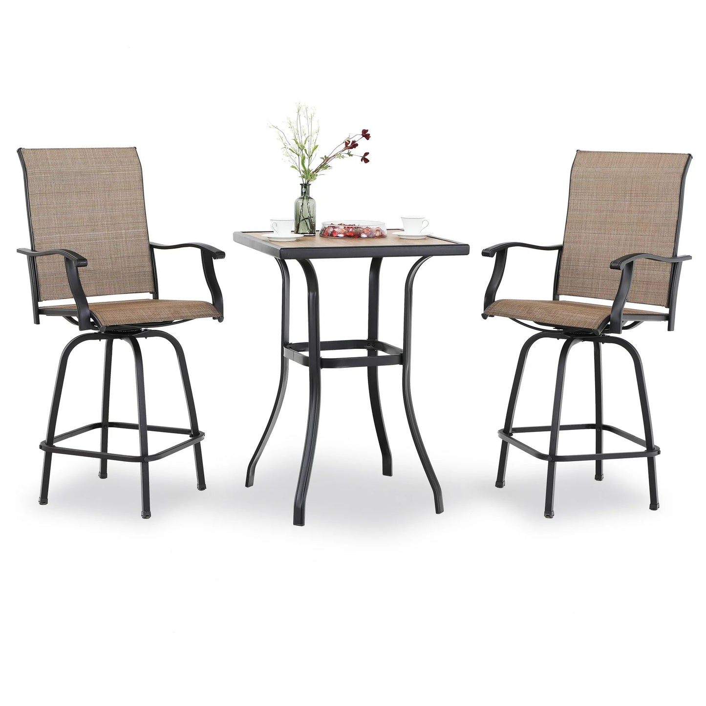 MF Studio 3 Pieces Outdoor Patio Swivel Bar Set Metal Bar Height Bistro Set, 2 Pieces Bar stools and 1 Piece Table Suitable for 2 People