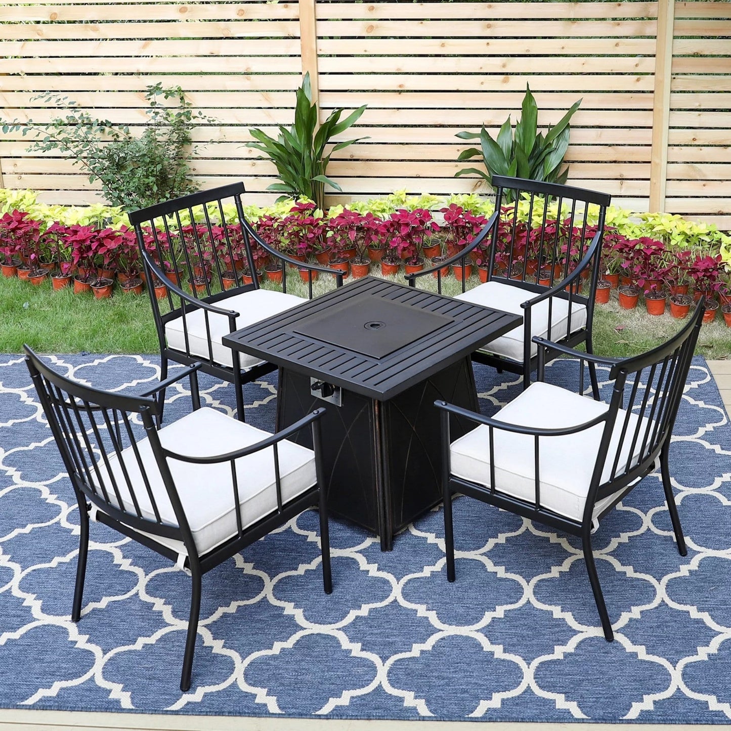 MF Studio 5-Piece Outdoor Fire Pit Conversation Set with 50,000 BTU Fire Pit Table & Cushioned Chairs for 4-Person, Black & Beige