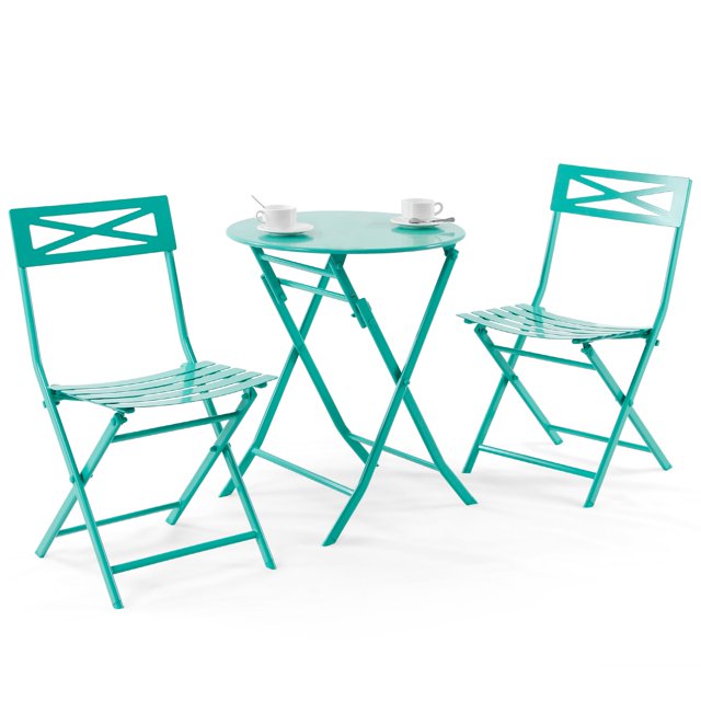 Summit Living 3-Piece Patio Bistro Set Folding Steel Table and Chairs Set Conversation Coffee Table Set for Garden Backyard Camping, Lake Green