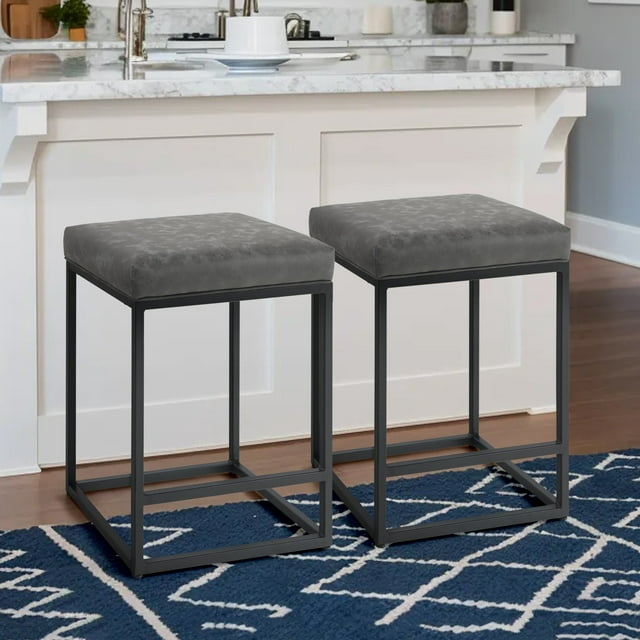 Summit Living Counter Height 24 inch Bar Stools Set of 2 for Kitchen Backless PU Leather Stools Chairs, Gray