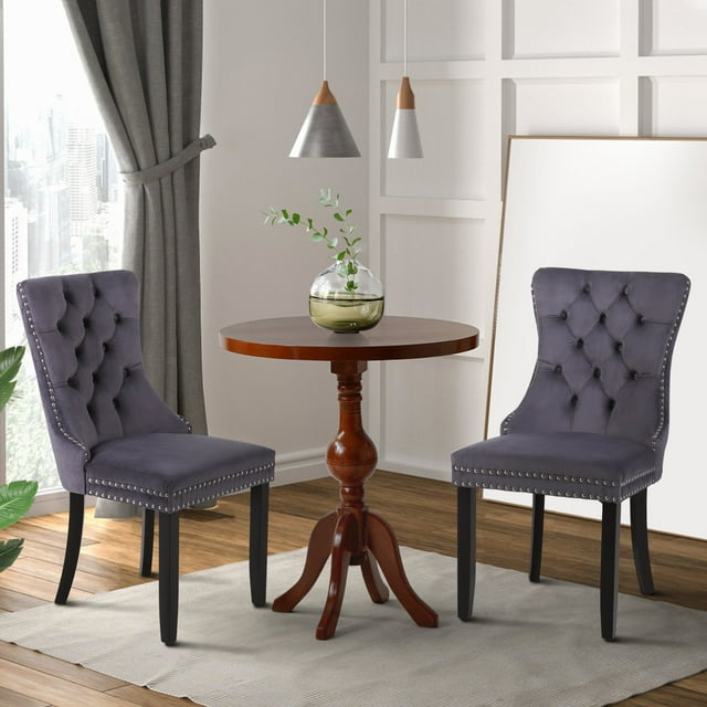 Summit Living Dining Chairs with Wood Legs Set of 2, Tufted Velvet Chair with Nailhead Trim for Kitchen, Living Room, Gray