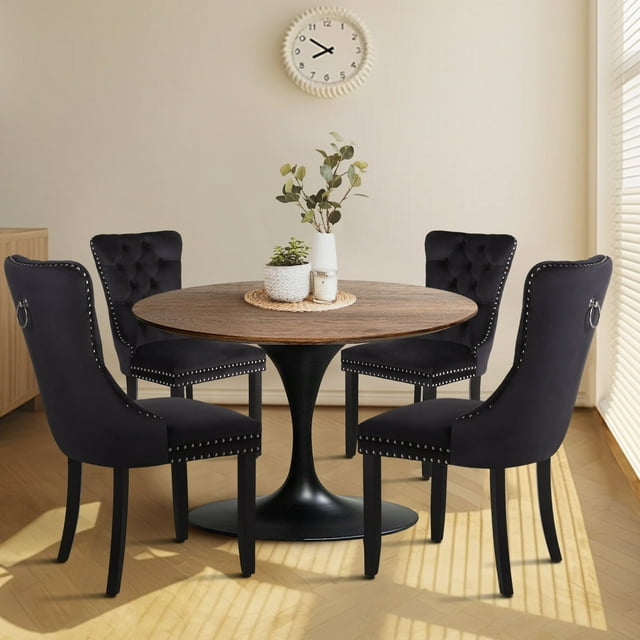 Summit Living Dining Chairs with Wood Legs Set of 4, Tufted Velvet Chair with Nailhead Trim for Kitchen, Living Room, Black