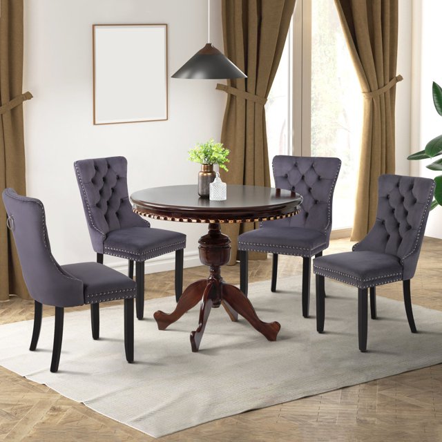 Summit Living Dining Chairs with Wood Legs Set of 4, Tufted Velvet Chair with Nailhead Trim for Kitchen, Living Room, Gray