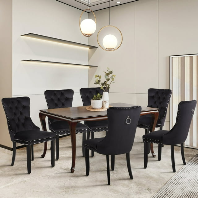 Summit Living Dining Chairs with Wood Legs Set of 6, Tufted Velvet Chair with Nailhead Trim for Kitchen, Living Room, Black