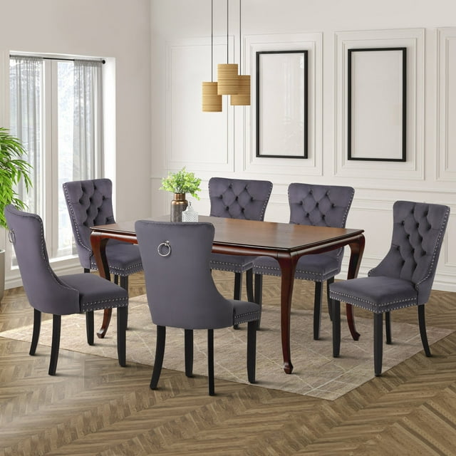 Summit Living Dining Chairs with Wood Legs Set of 6, Tufted Velvet Chair with Nailhead Trim for Kitchen, Living Room, Gray