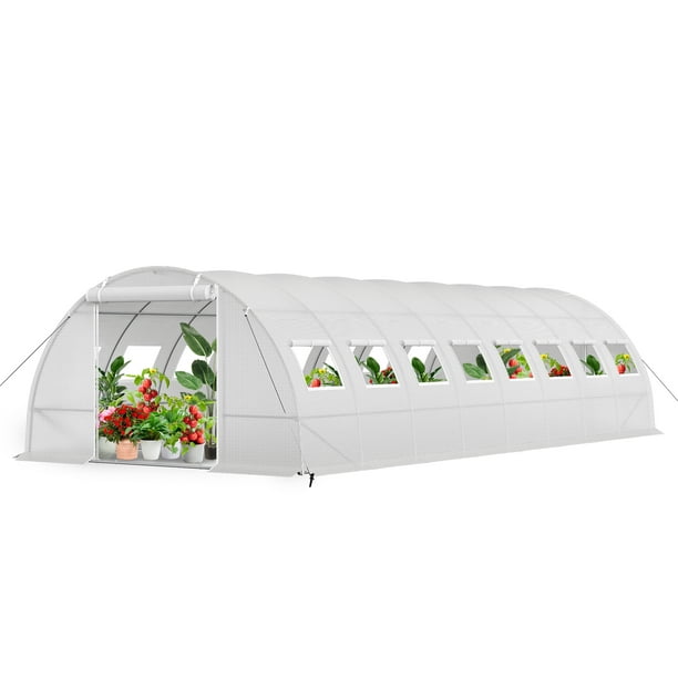 Summit Living Garden Walk-in Tunnel Greenhouse, 26×12×6.6 ft Large Outdoors Gardening Canopy Plants Shed, Galvanized Steel Frame with 2 Zippered Doors & 16 Screen Windows, White