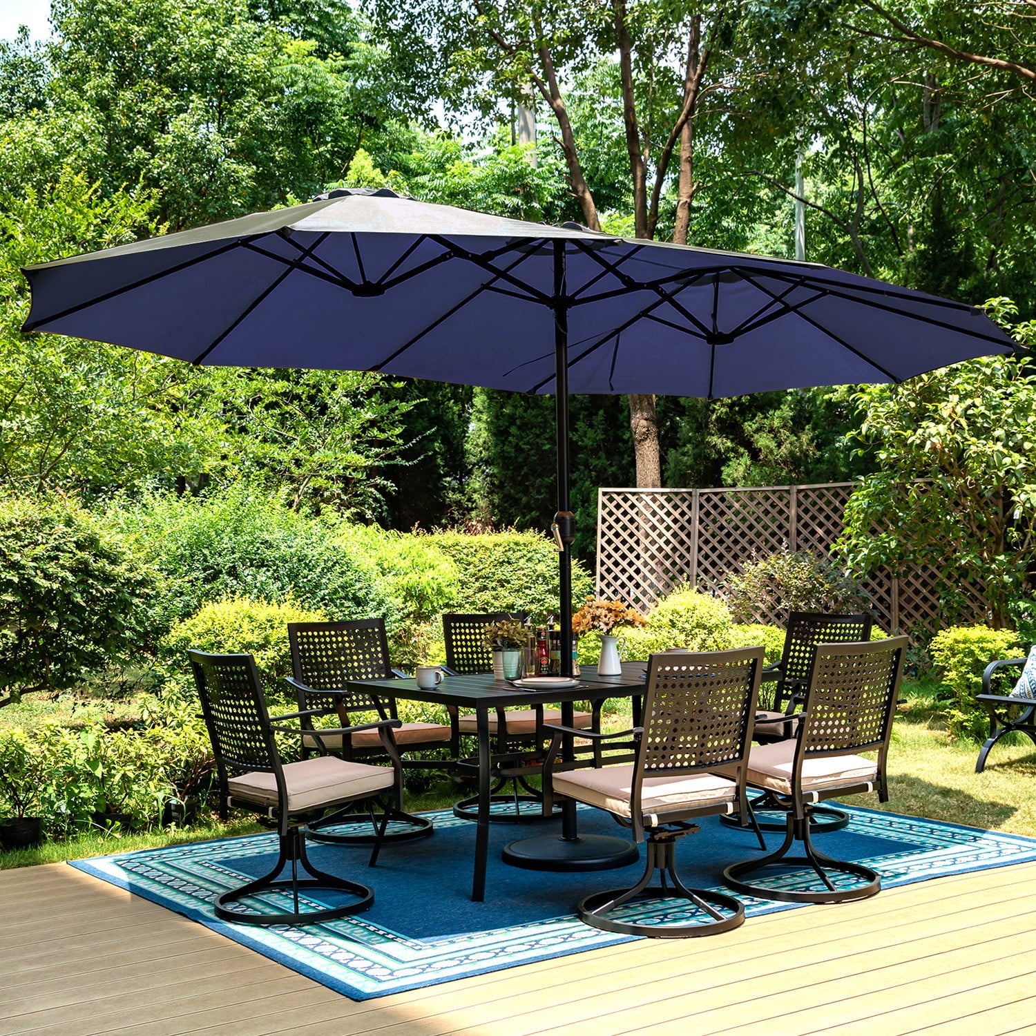 large umbrella for patio with base Summit Living 15ft Double-Sided Patio Umbrella with Base Large Outdoor Table Umbrella Navy Blue