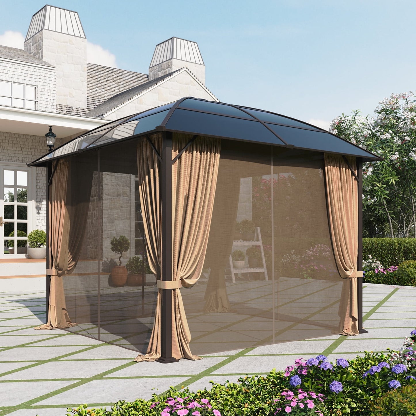 Summit Living 10 x 10 FT Outdoor Hardtop Gazebo Polycarbonate Roof Patio Gazebo with Netting and Curtains Brown