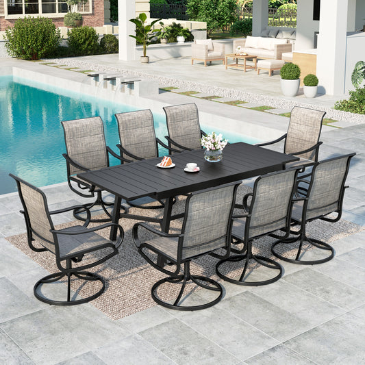 MF Studio 9-Piece Patio Dining Set with Large Extendable Table & High-Back Swivel Chairs for 8, Quick-Dry Padded Textilene Seat, Brown-Gray