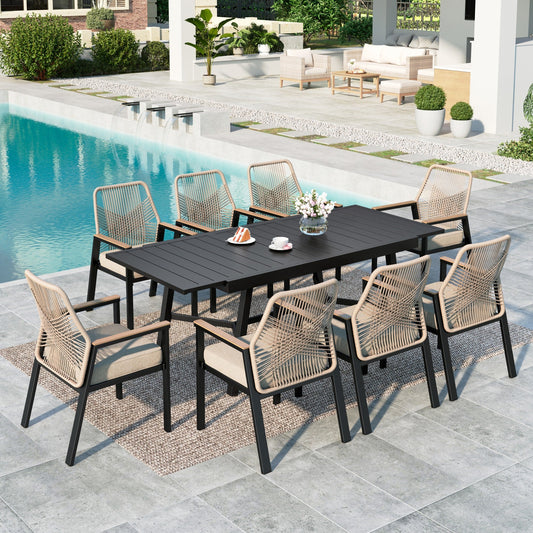 MF Studio 9-Piece Outdoor Dining Set, 8 Cushioned Patio Dining Chairs with 84" Extendable Table, Black and Beige