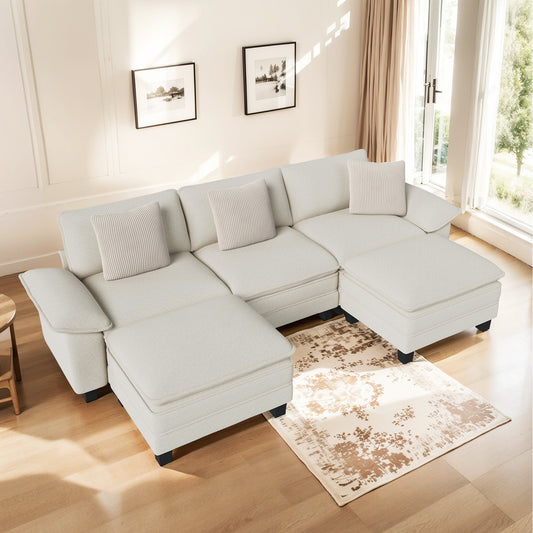 MF Studio 123.6" Sectional Sofa with Extra Deep Seat for Living Room, 5-Seat Chenille U Shaped Cloud Couch with 3 Pillows, White