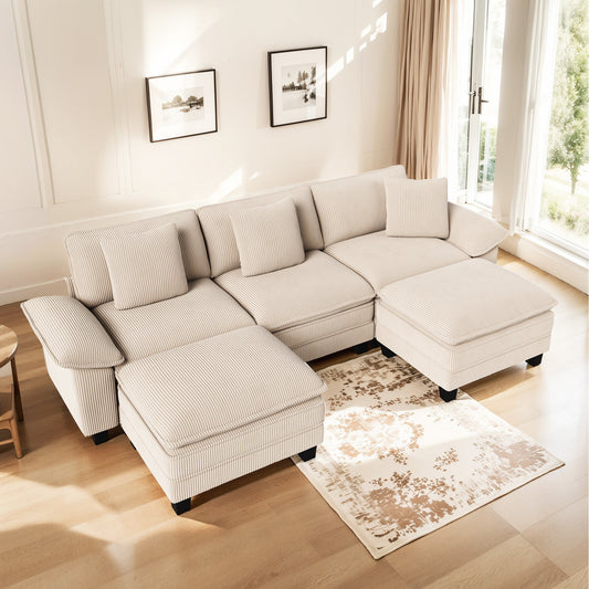 MF Studio 123.6" Sectional Sofa with Extra Deep Seat for Living Room, 5-Seat Corduroy U Shaped Cloud Couch with 3 Pillows, White