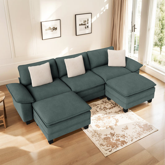 MF Studio 123.6" Sectional Sofa with Extra Deep Seat for Living Room, 5-Seat Chenille U Shaped Cloud Couch with 3 Pillows, Green