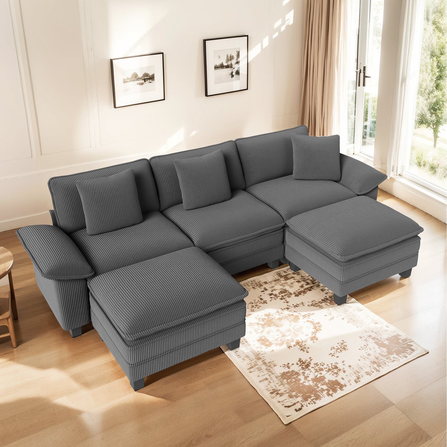 MF Studio 123.6" Sectional Sofa with Extra Deep Seat for Living Room, 5-Seat Corduroy U Shaped Cloud Couch with 3 Pillows, Gray