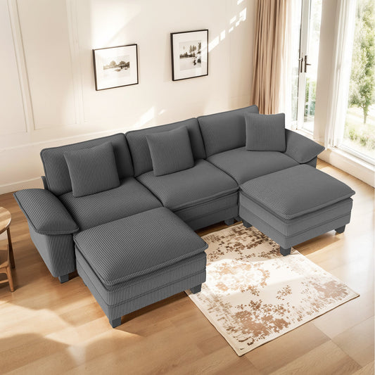 MF Studio 123.6" Sectional Sofa with Extra Deep Seat for Living Room, 5-Seat Corduroy U Shaped Cloud Couch with 3 Pillows, Gray