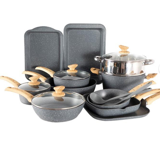 MF Studio 17 Pieces Cookware & Bakeware Set Granite Nonstick Pots and Pans, Blue Gray