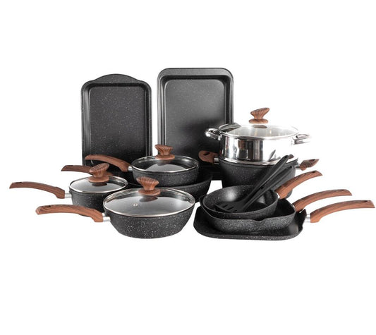 MF Studio 17 Pieces Cookware & Bakeware Set Granite Nonstick Pots and Pans, Black