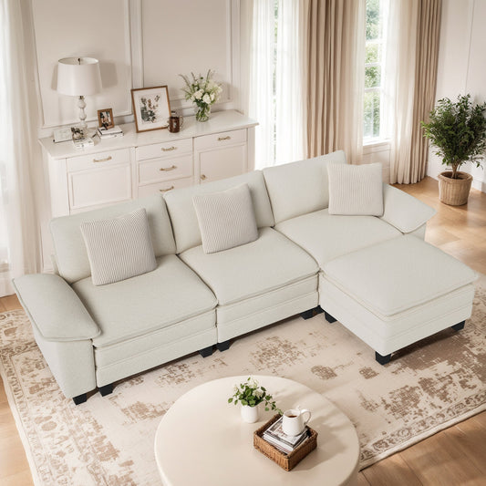 MF Studio 123.6" Sectional Sofa with Extra Deep Seat for Living Room, 4-Seat Chenille L Shaped Cloud Couch with 3 Pillows, White
